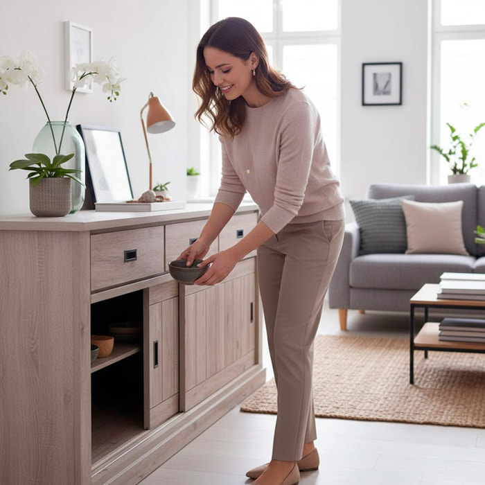 Credenza Soggiorno 3 Cassetti 2 Ante Scorrevoli 4 Ripiani Interni Mobile Buffet Madia Dispensa Cucina Living 220 x 50 x 95 Cm Colore Rovere Alaska