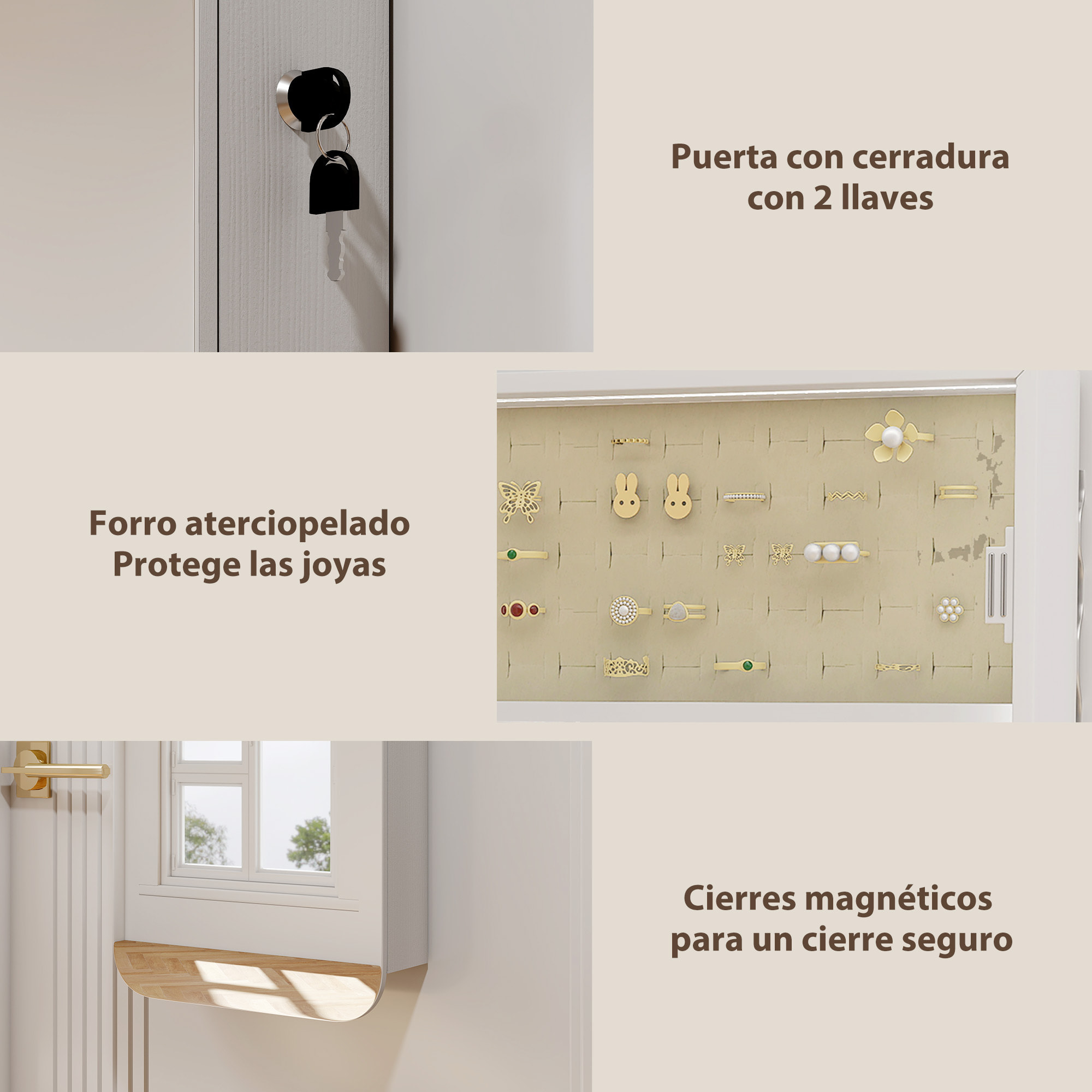 Espejo Joyero con Luz LED, Armario Joyero Montado en la Pared o en la Puerta, Armario para Joyas con Cerradura, Espejo Entero, 2 Cajones, Blanco