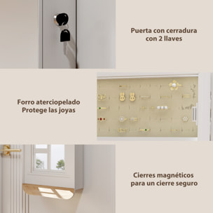 Espejo Joyero con Luz LED, Armario Joyero Montado en la Pared o en la Puerta, Armario para Joyas con Cerradura, Espejo Entero, 2 Cajones, Blanco