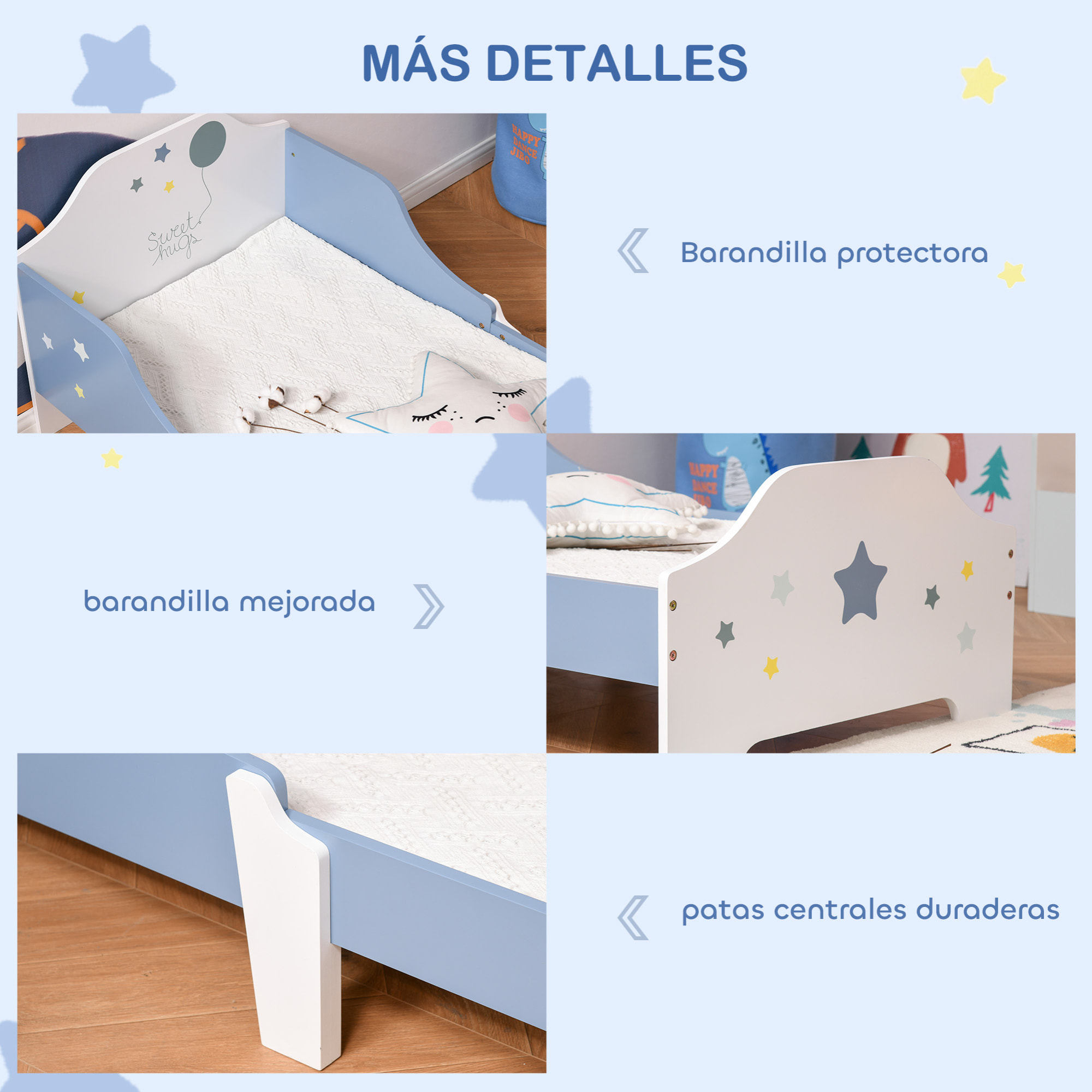 Cama para Niños de +3 Años 143x74x59 cm Cama Infantil de Madera con Estampado con Estrellas Carga 50 kg para Dormitorio Azul y Blanco