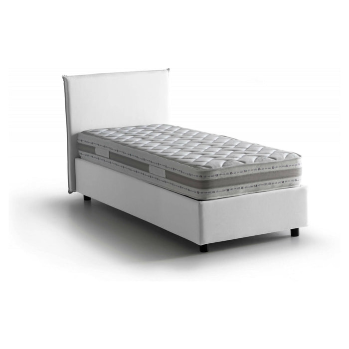 Letto singolo Aquilla, Letto contenitore con rivestimento in tessuto, 100% Made in Italy, Apertura frontale, con materasso Cm 80x190 incluso, Bianco