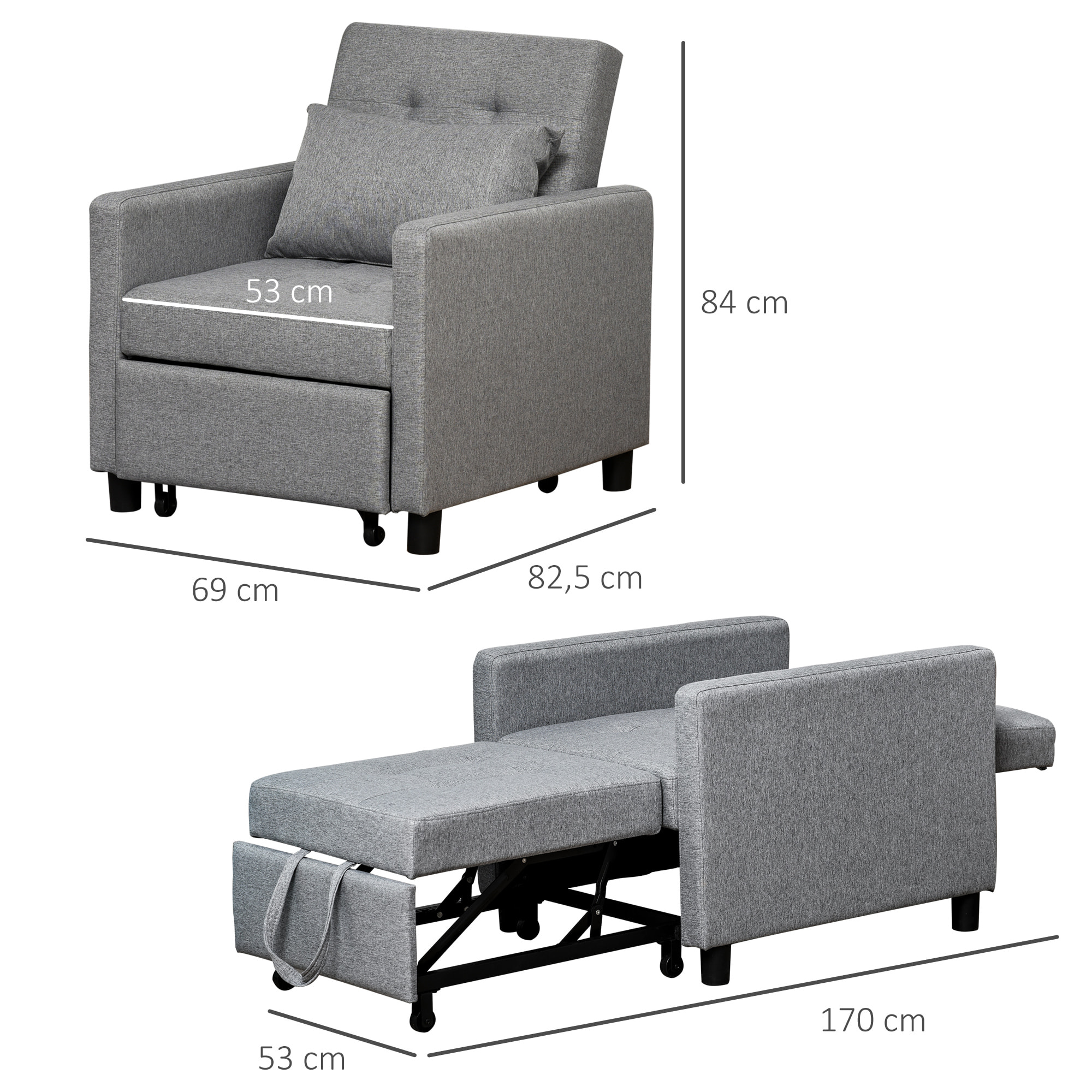 Fauteuil chauffeuse canapé-lit convertible 1 place dossier inclinable 3 positions coussin inclus polyester coton gris