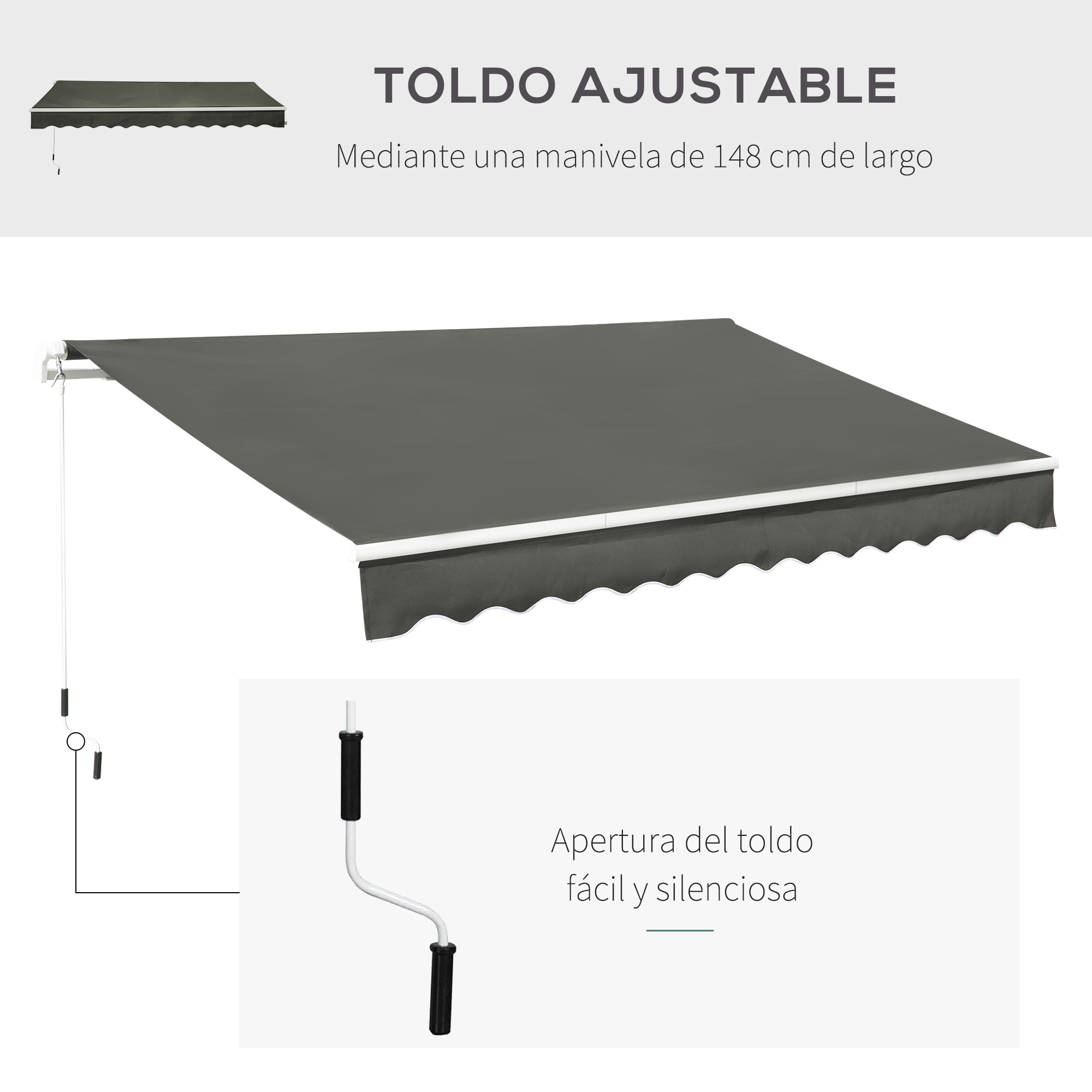 Toldo Manual Retráctil 350x250 cm Toldo para Balcón con Manivela de Metal Impermeable y Anti-UV Toldo Enrollable de Exterior para Jardín Terraza Ventanas Gris