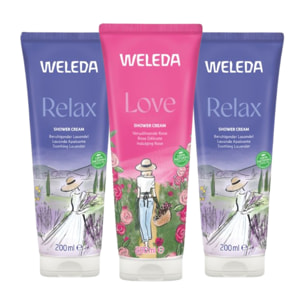 WELEDA - Trio Crème de douche - Relax Lavande Apaisante X2 + Love Rose Délicate X1 – Nettoie et apaise - Vegan* - Certifié Natrue ** - Tube 3*200ml