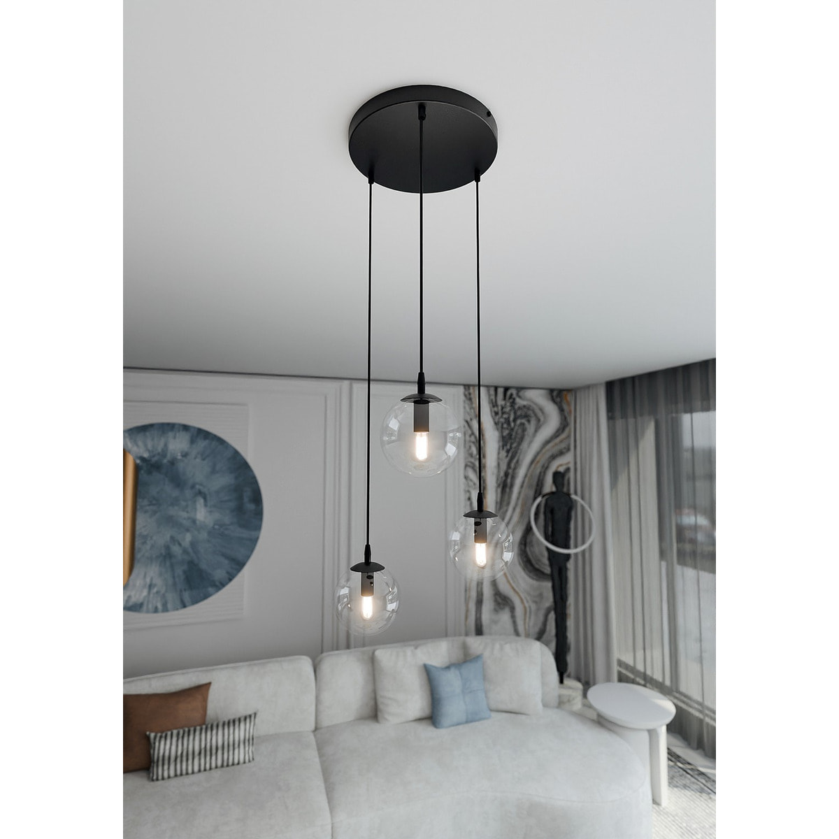 Lampada a sospensione Cosmo in acciaio nero con diffusori in vetro