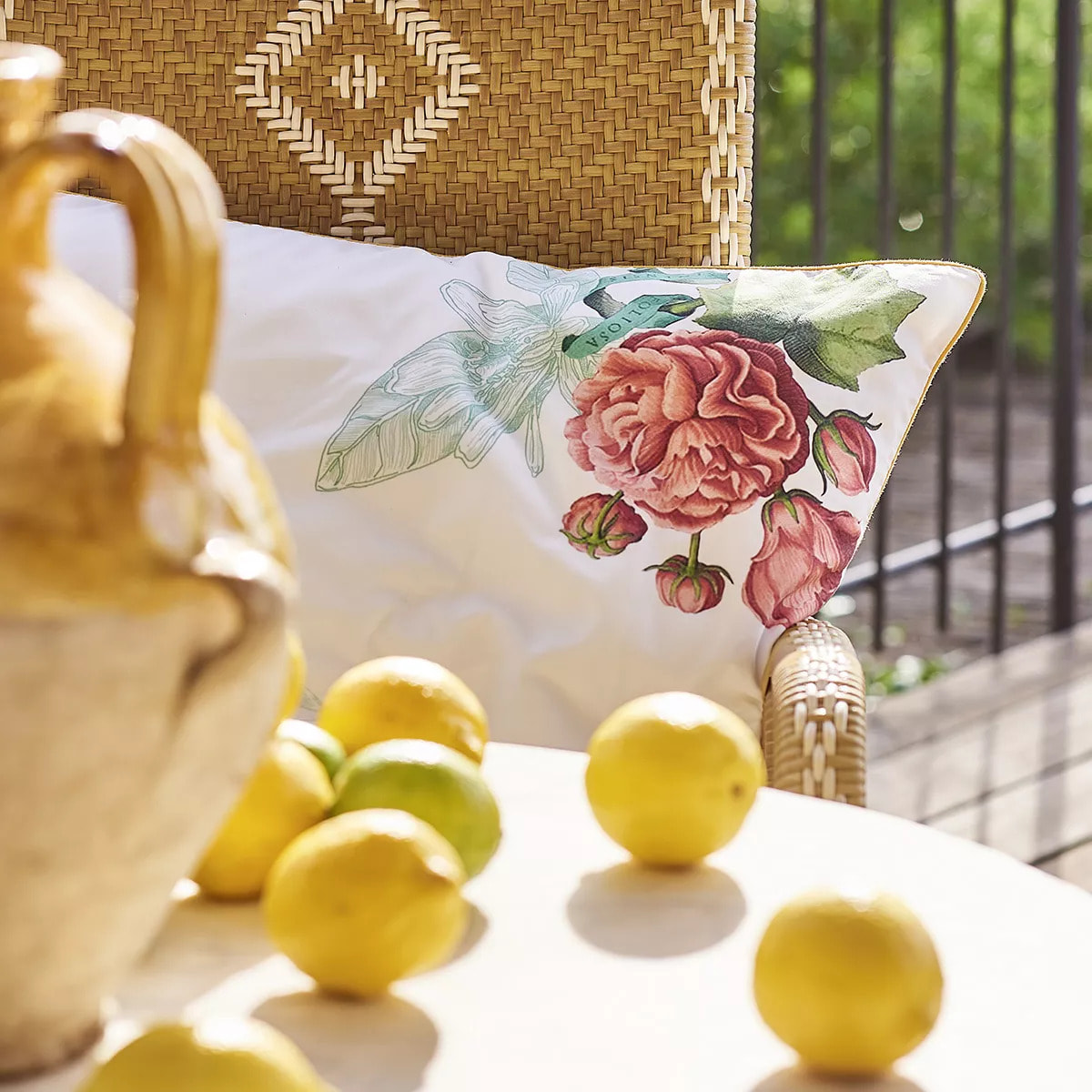 Taie d'oreiller percale de coton lavé imprimé rose jaune Citrons de menton romance