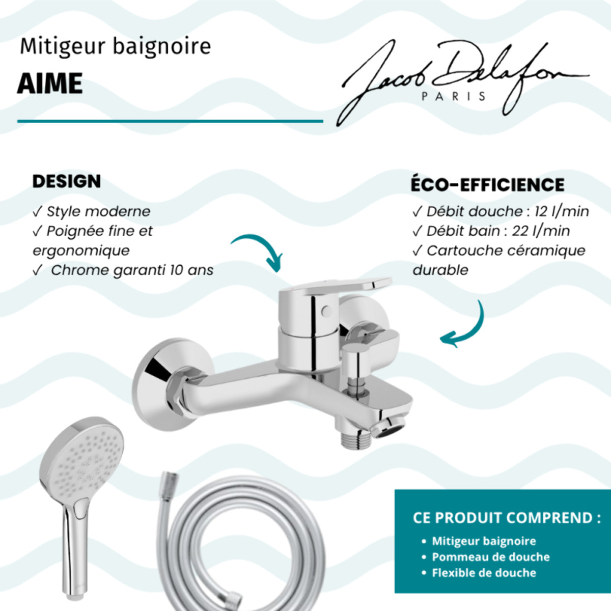Mitigeur baignoire Aimé + pommeau de douche Metro + flexible de douche lisse