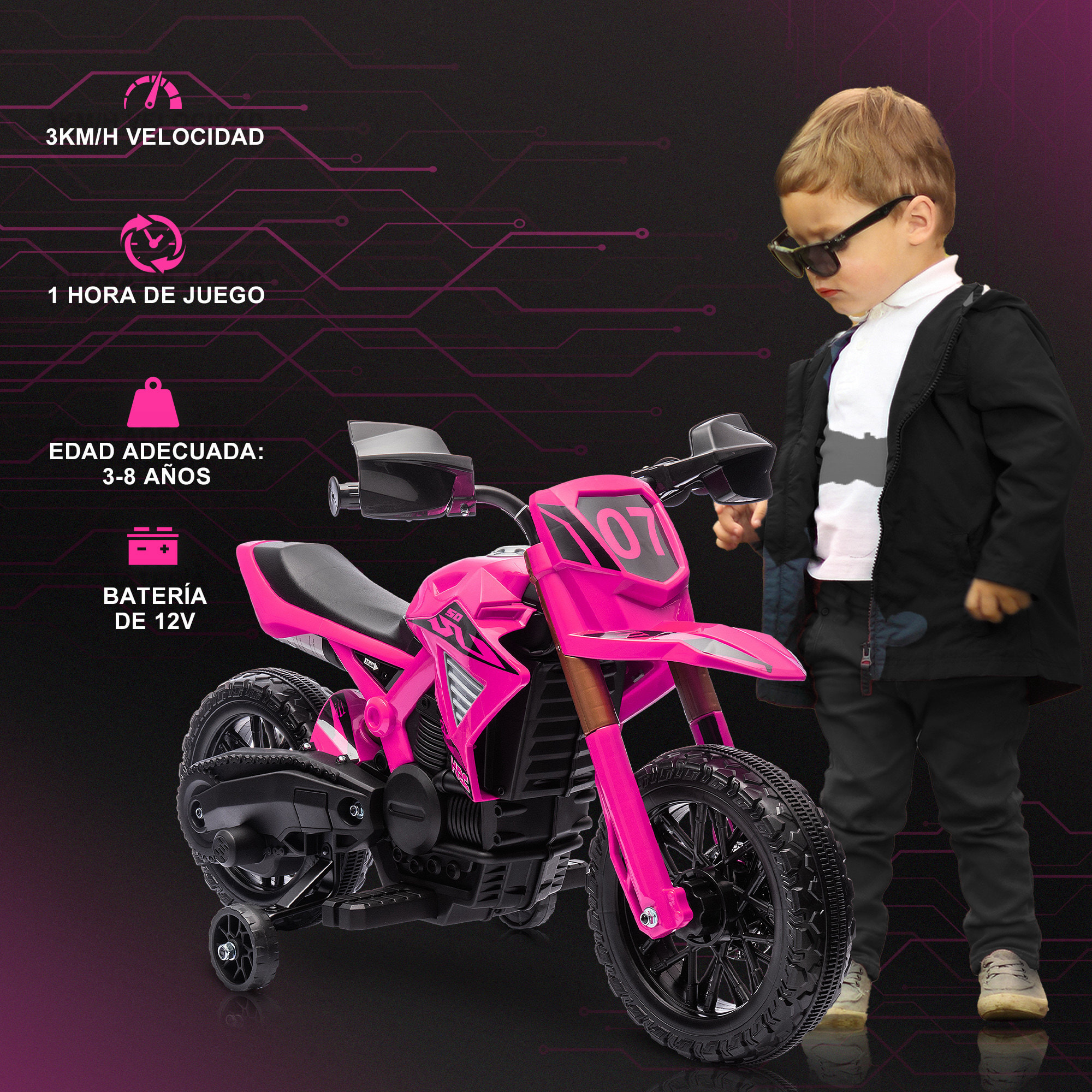 Moto Eléctrica para Niños de +3 Años Moto de Batería 12V para Niños con Ruedas de Entrenamiento Acelerador en Puño y Bocina Carga 30 kg Rosa