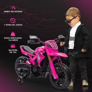 Moto Eléctrica para Niños de +3 Años Moto de Batería 12V para Niños con Ruedas de Entrenamiento Acelerador en Puño y Bocina Carga 30 kg Rosa