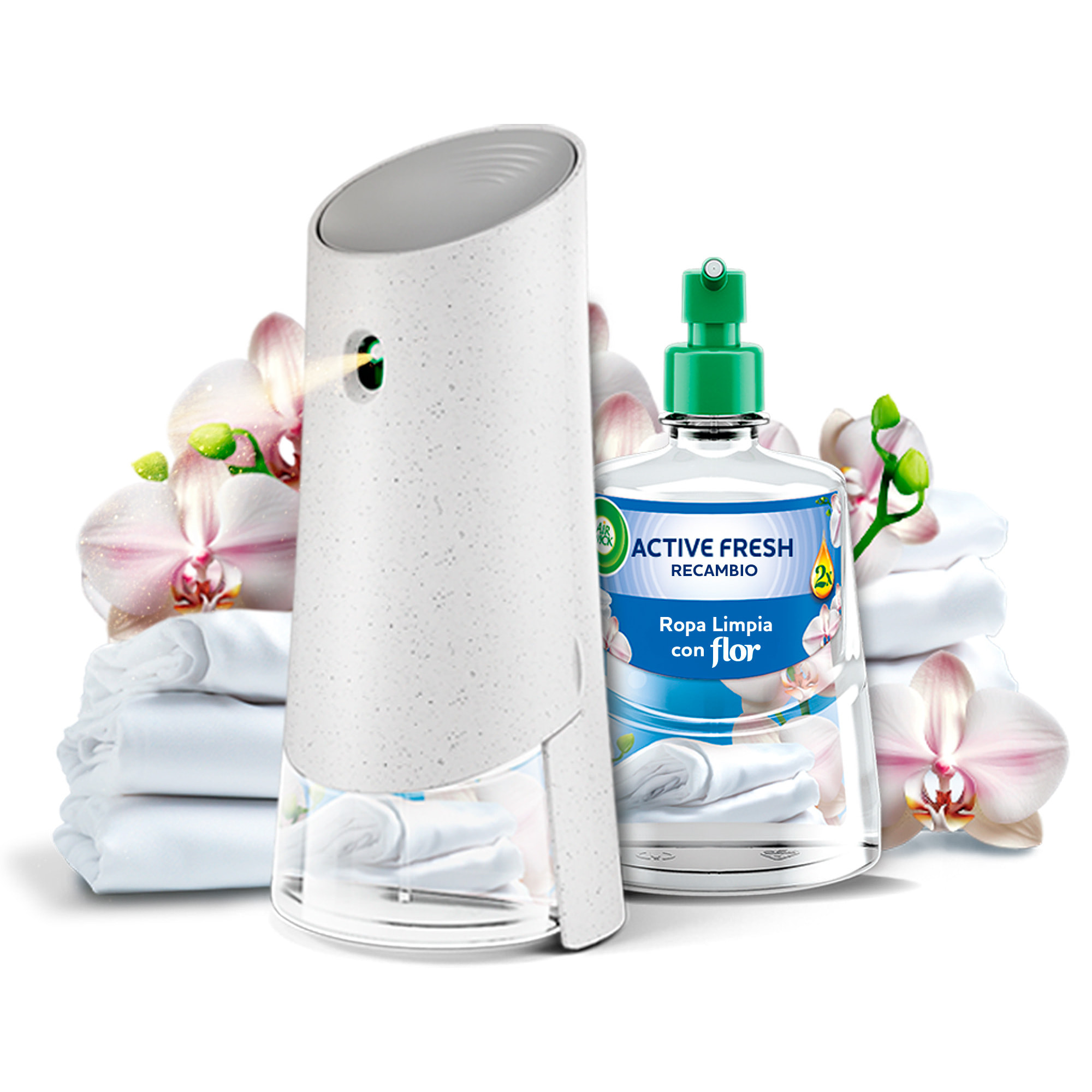 Air Wick Active Fresh Spray Automatico Sin Aerosol - Ambientador para casa con aroma a Ropa Limpia Con Flor - Aparato y recambio