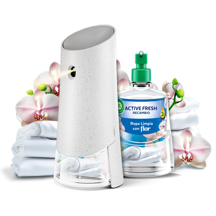 Air Wick Active Fresh Spray Automatico Sin Aerosol - Ambientador para casa con aroma a Ropa Limpia Con Flor - Aparato y recambio