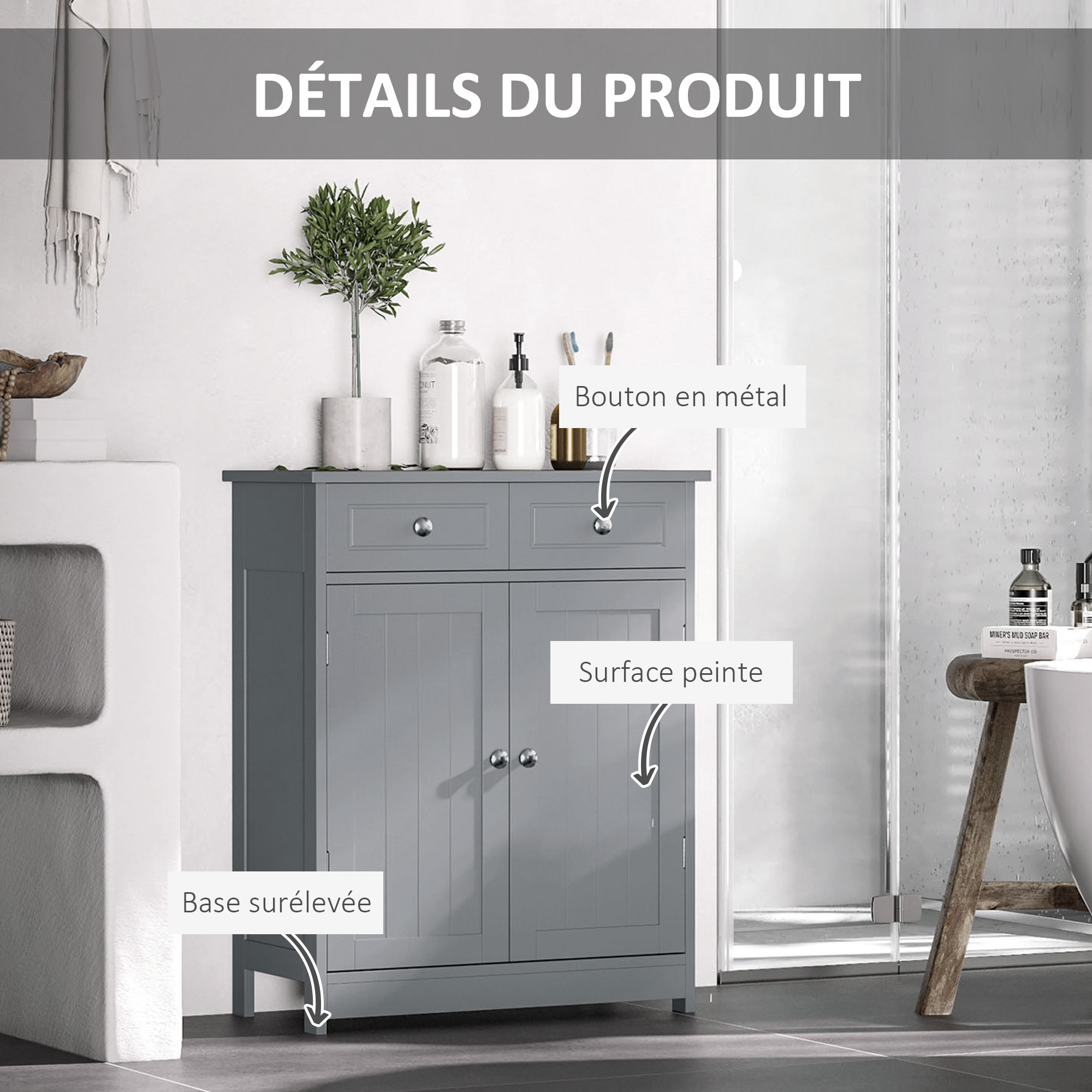 Meuble bas de salle de bain sur pied 2 portes avec étagère réglable 2 tiroirs poignées boutons métal MDF gris