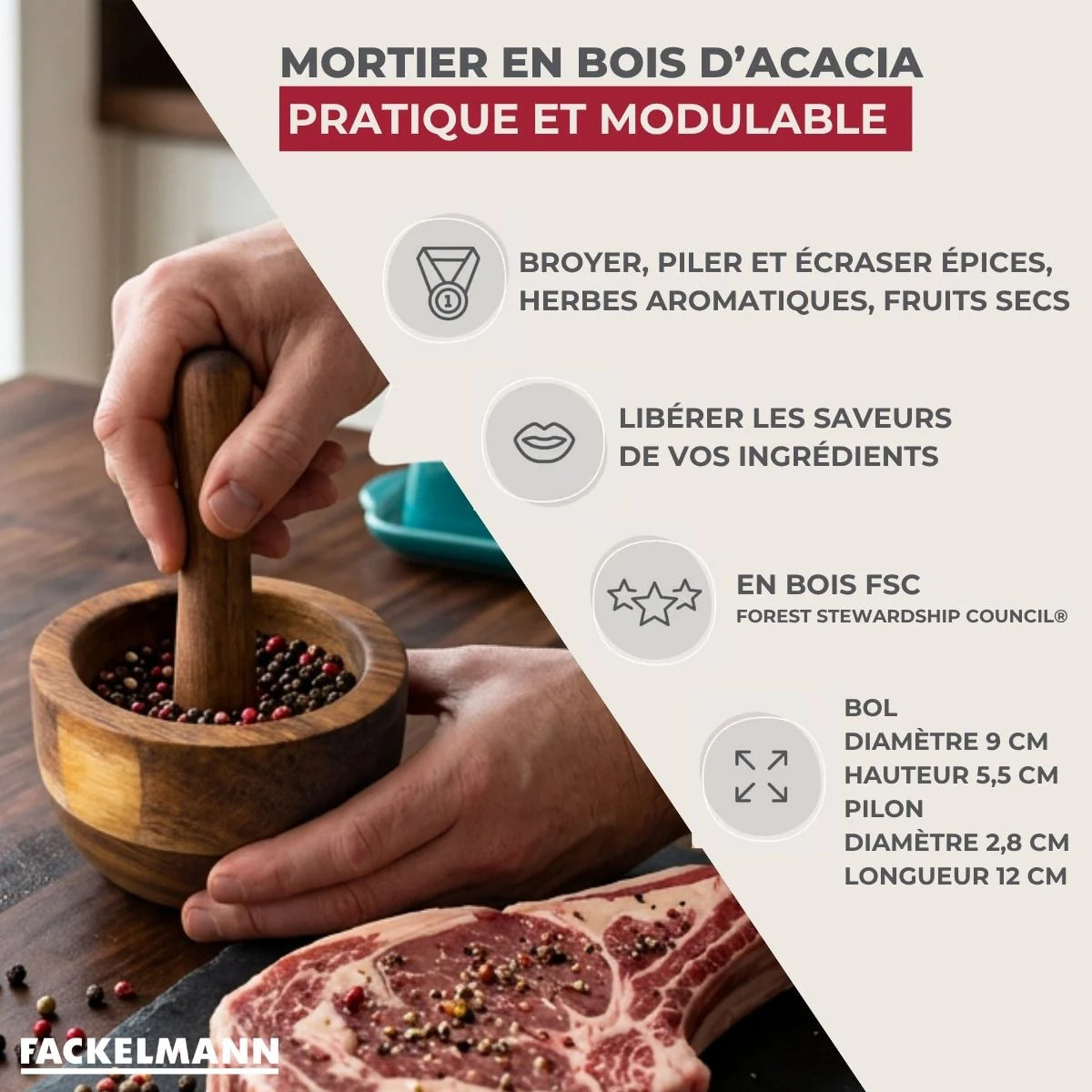 Mortier avec pilon 9 cm en Bois d'Acacia Fackelmann