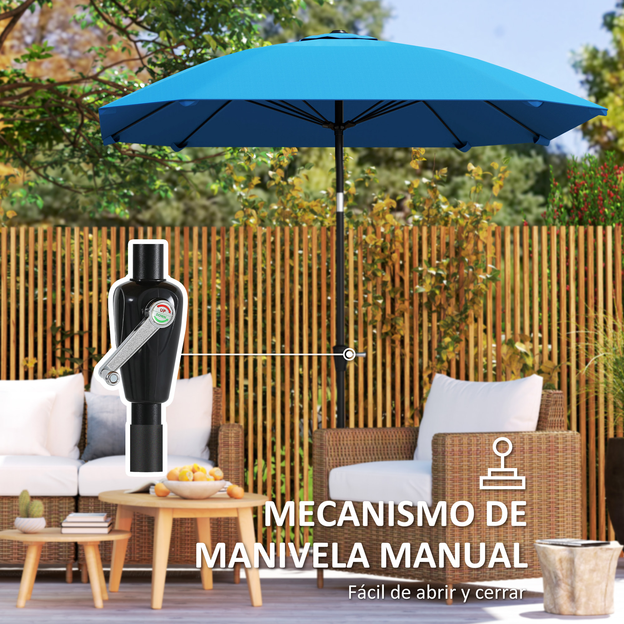 Sombrilla Terraza Exterior 233x233 cm Sombrilla de Jardín con Ángulo Ajustable Impermeable Poste de Aluminio Varillas de Fibra de Vidrio y Manivela Parasol para Patio Terraza Azul