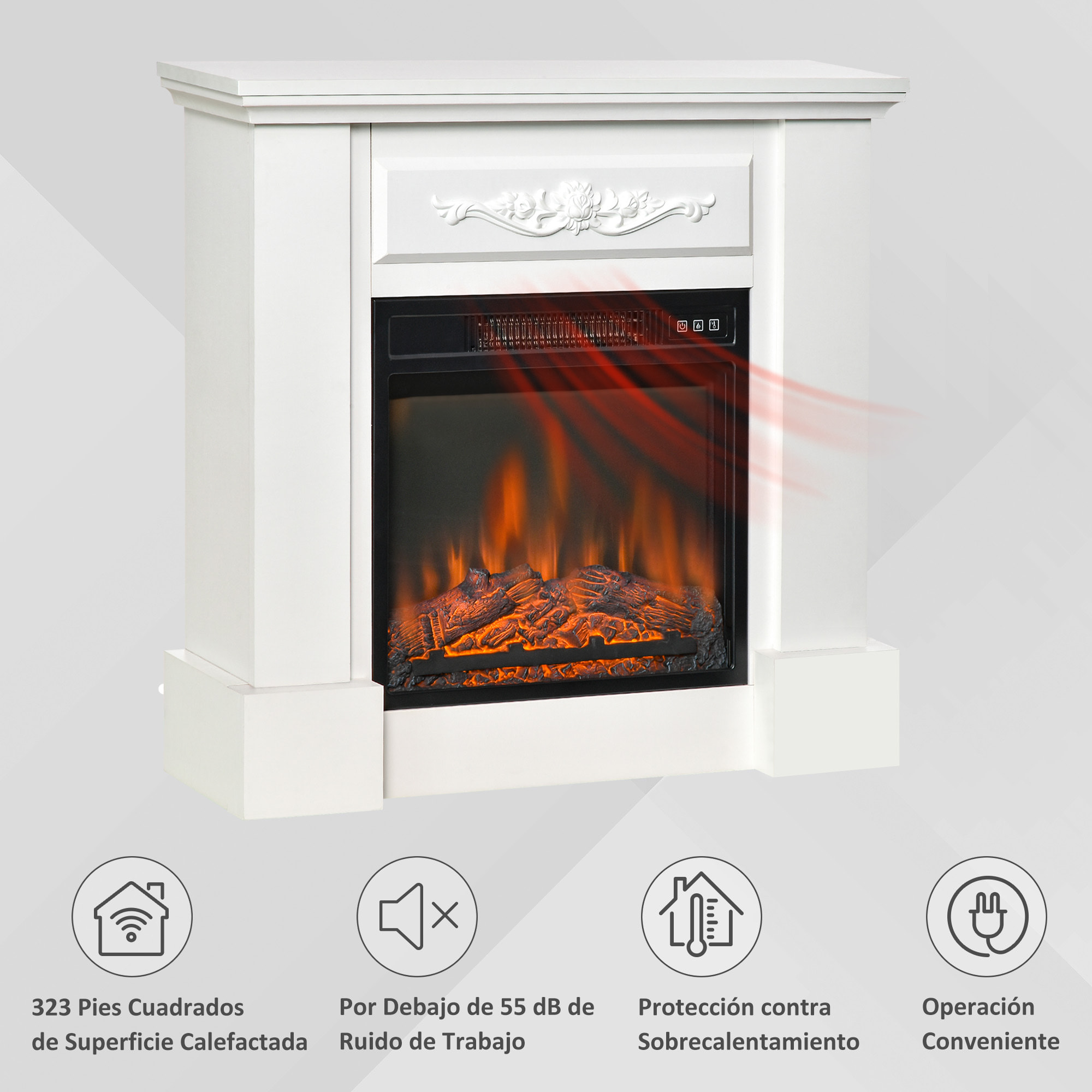Chimenea Eléctrica 1800W Chimenea Decorativa con Efecto de Llama Mando a Distancia Temporizador Protección Contra Sobrecalentamiento para Sala 30 m² Blanco