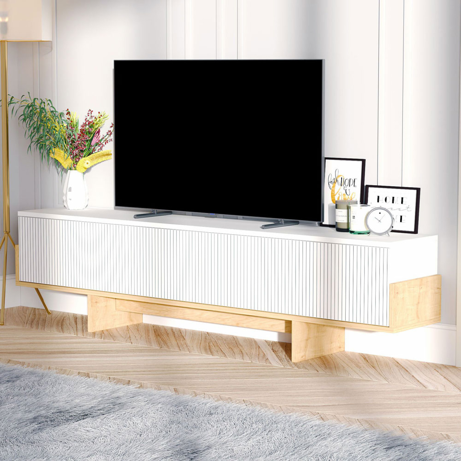 LEESBURG Meuble TV avec placards blanc et bois 180cm