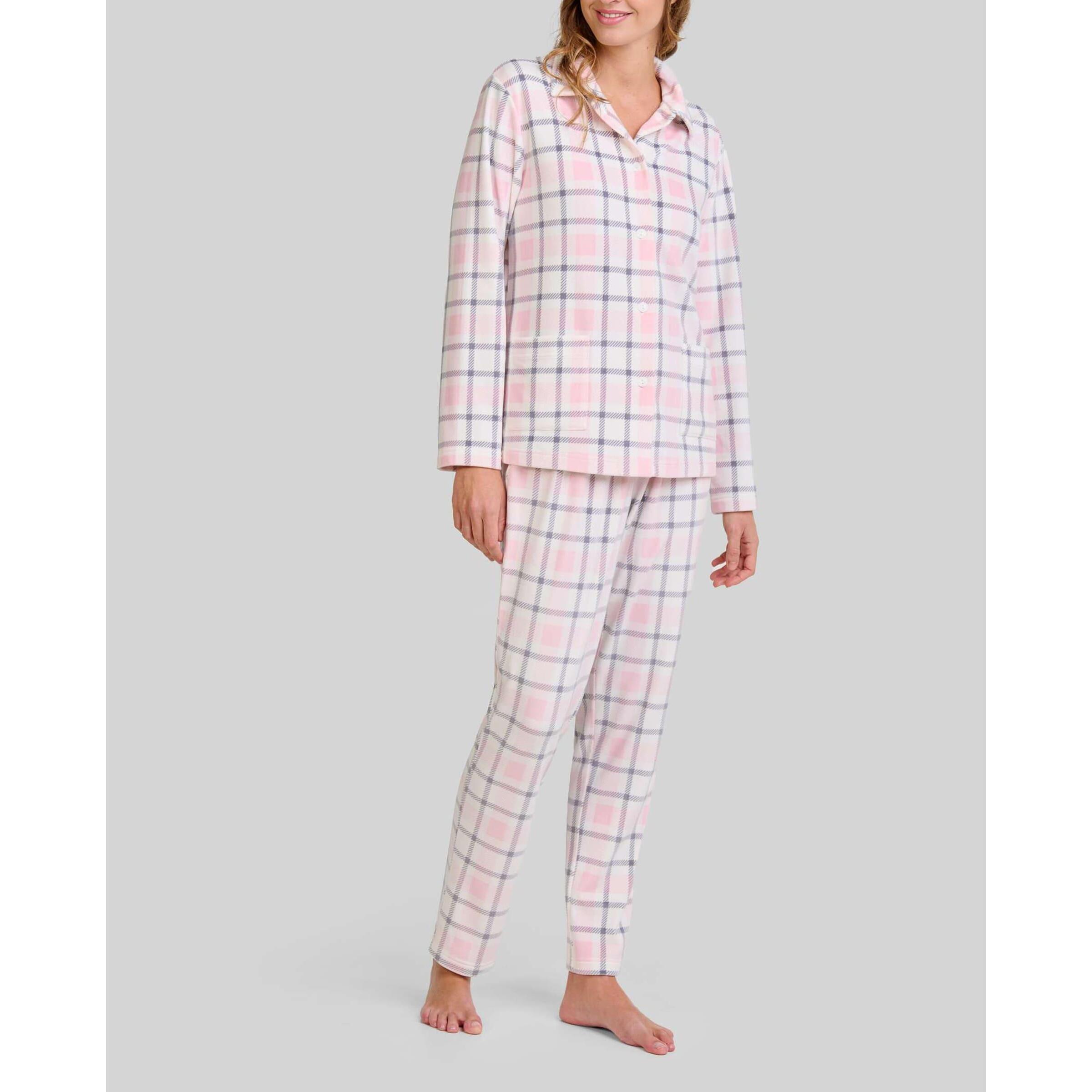 Pijama mujer suave tejido de cuadros, abotonado con bolsillos de plastón, manga larga y pantalón largo