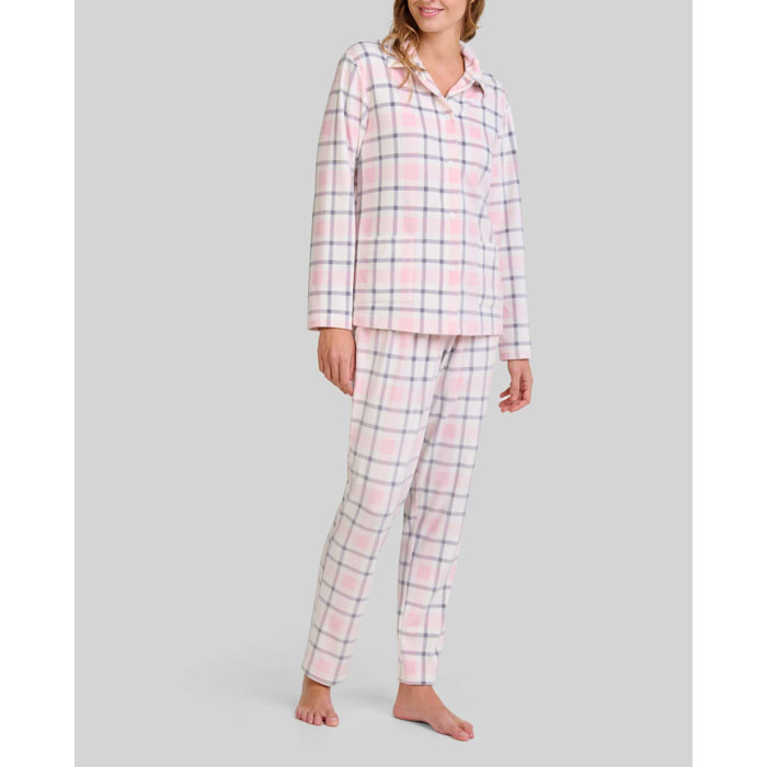 Pijama mujer suave tejido de cuadros, abotonado con bolsillos de plastón, manga larga y pantalón largo