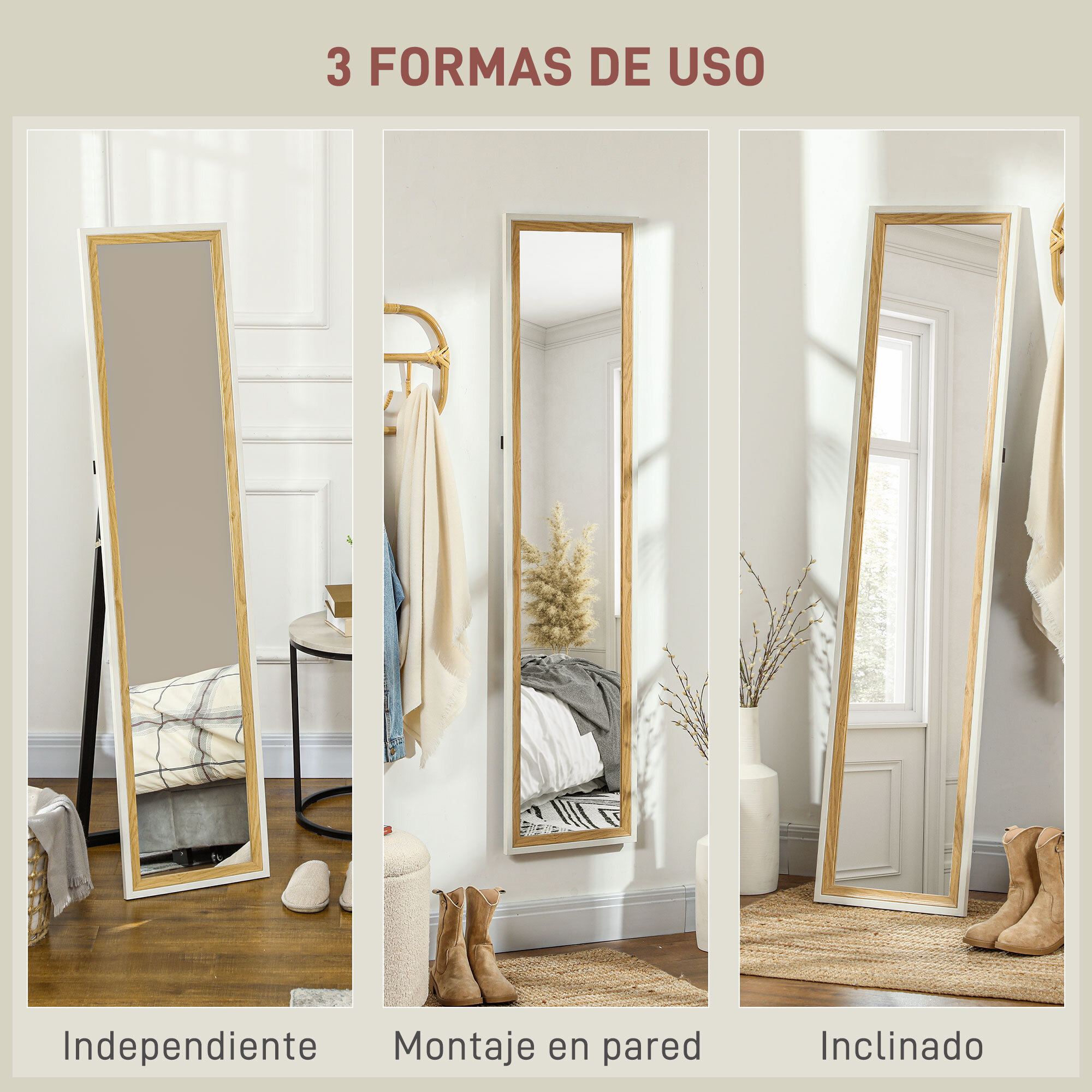 Espejo de Cuerpo Entero 157x37 cm Espejo de Pie o de Pared con Marco de MDF y Soporte para Dormitorio Salón Blanco y Natural Oscuro