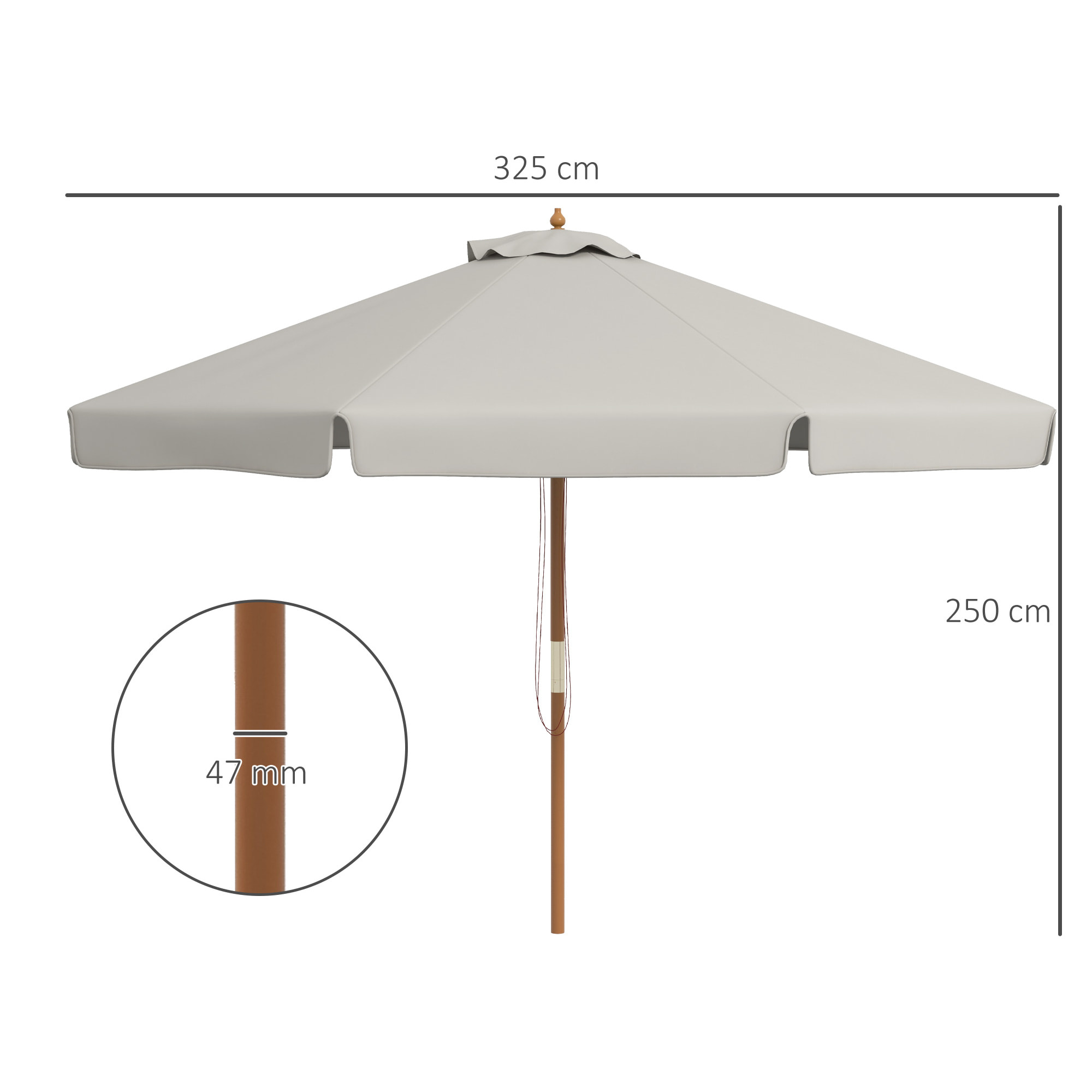 Sombrilla Terraza Exterior Ø325 cm Sombrilla de Jardín con Sistema de Polea Techo Ventilado 8 Varillas de Bambú y Poste de Madera Parasol para Patio Terraza Gris