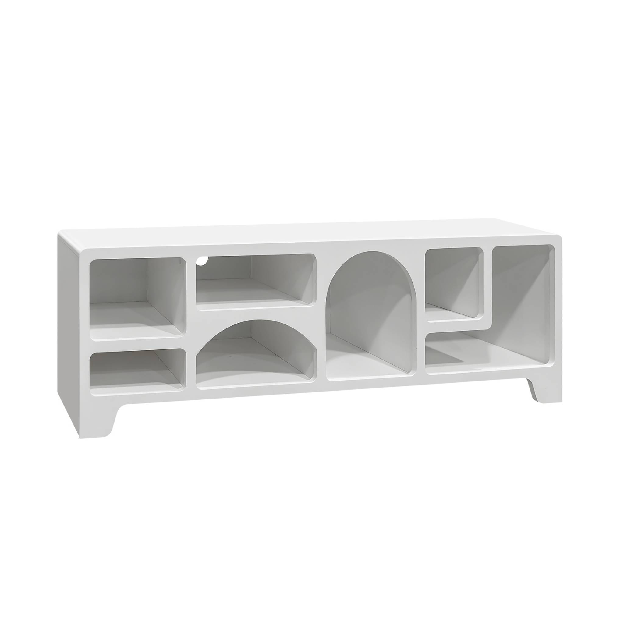 Meuble tv organique effet bois blanc 160cm avec plusieurs niches 7 compartiments de rangement L160cm
