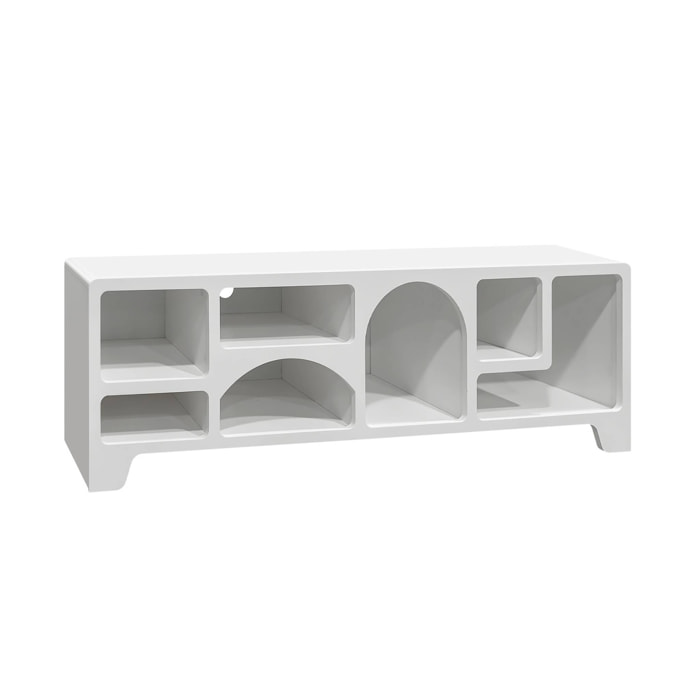 Meuble tv organique effet bois blanc 160cm avec plusieurs niches 7 compartiments de rangement L160cm