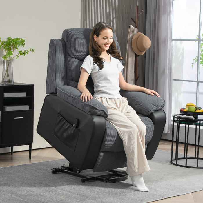 Sillón Relax Reclinable Eléctrico Levanta Personas Mayores, Sillón Elevador, con Puerto USB, Asiento Ancho 60 cm, Control Remoto, Reposapiés, Tapizado en Pana y Cuero, Bolsillos, Gris Oscuro