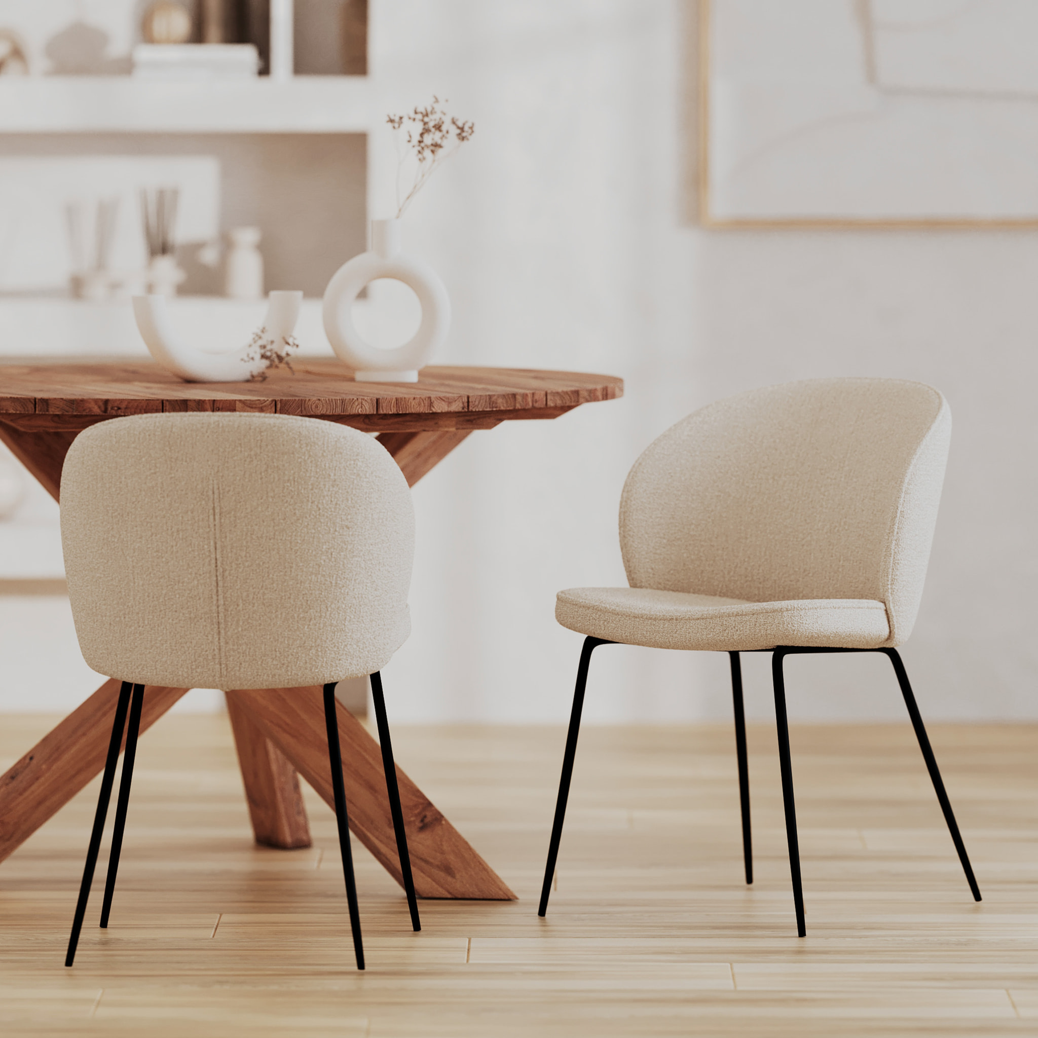 Lot de 2 chaises en tissu bouclé beige et pieds en métal - Groom