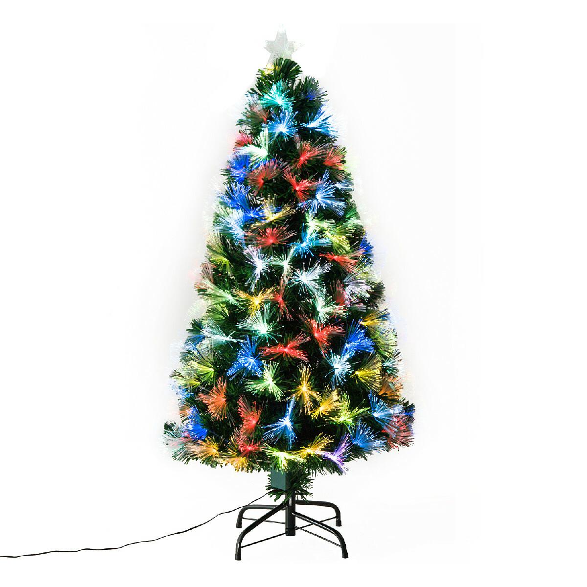 Sapin de Noël artificiel lumineux fibre optique LED multicolore + support pied Ø 66 x 120H cm 130 branches étoile sommet brillante vert