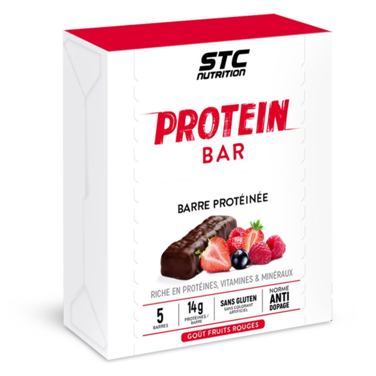 STC NUTRITION - Protein Bar - Barre protéinée enrichie en vitamines & minéraux - Maintien de la masse musculaire - Fruits Rouges - 14g de protéines par barre - Etui de 5 barres