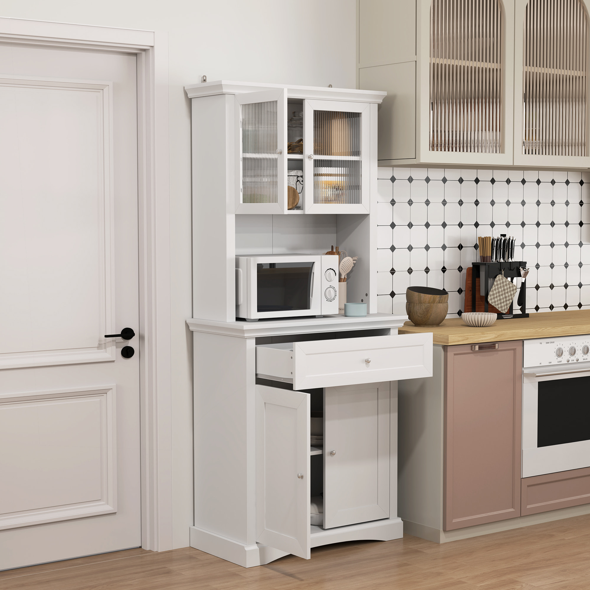 Alacena de Cocina Moderna Armario de Cocina con 1 Cajón 2 Puertas de Vidrio y Estantes Ajustables Carga 50 kg para Comedor Salón 79x40x180 cm Blanco