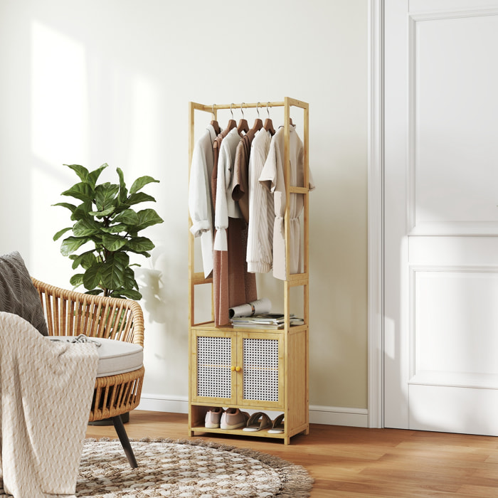 Perchero con Armario, Perchero para Ropa de Bambú, con Zapatero, Barra para Colgar, Estante Ajustable, para Entrada, Pasillo, Dormitorio, 53x31x168 cm, Natural