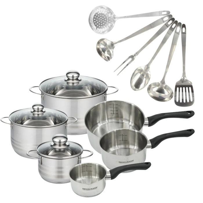 Batterie de cuisine avec 3 casseroles 12/16/20 cm et 3 faitouts 16/20/24 cm avec 6 ustensiles de cuisine sans PFAS Fackelmann Généva Brillant Oxford