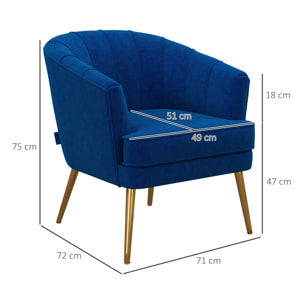 Fauteuil coquillage fauteuil design dim. 71L x 72P x 75H cm piètement doré effilé velours bleu roi