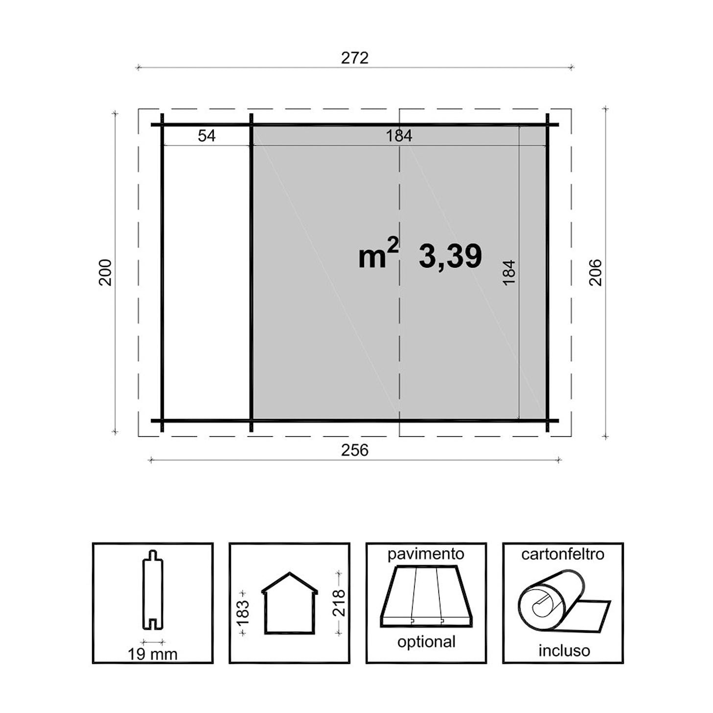 Ava - casetta da giardino con legnaia in legno di pino 265x250 cm