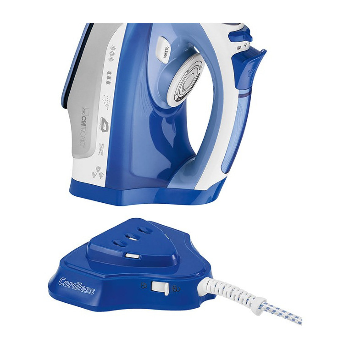 Fer à repasser semelle céramique avec ou sans fil 2400W Clatronic DB 3706 Bleu