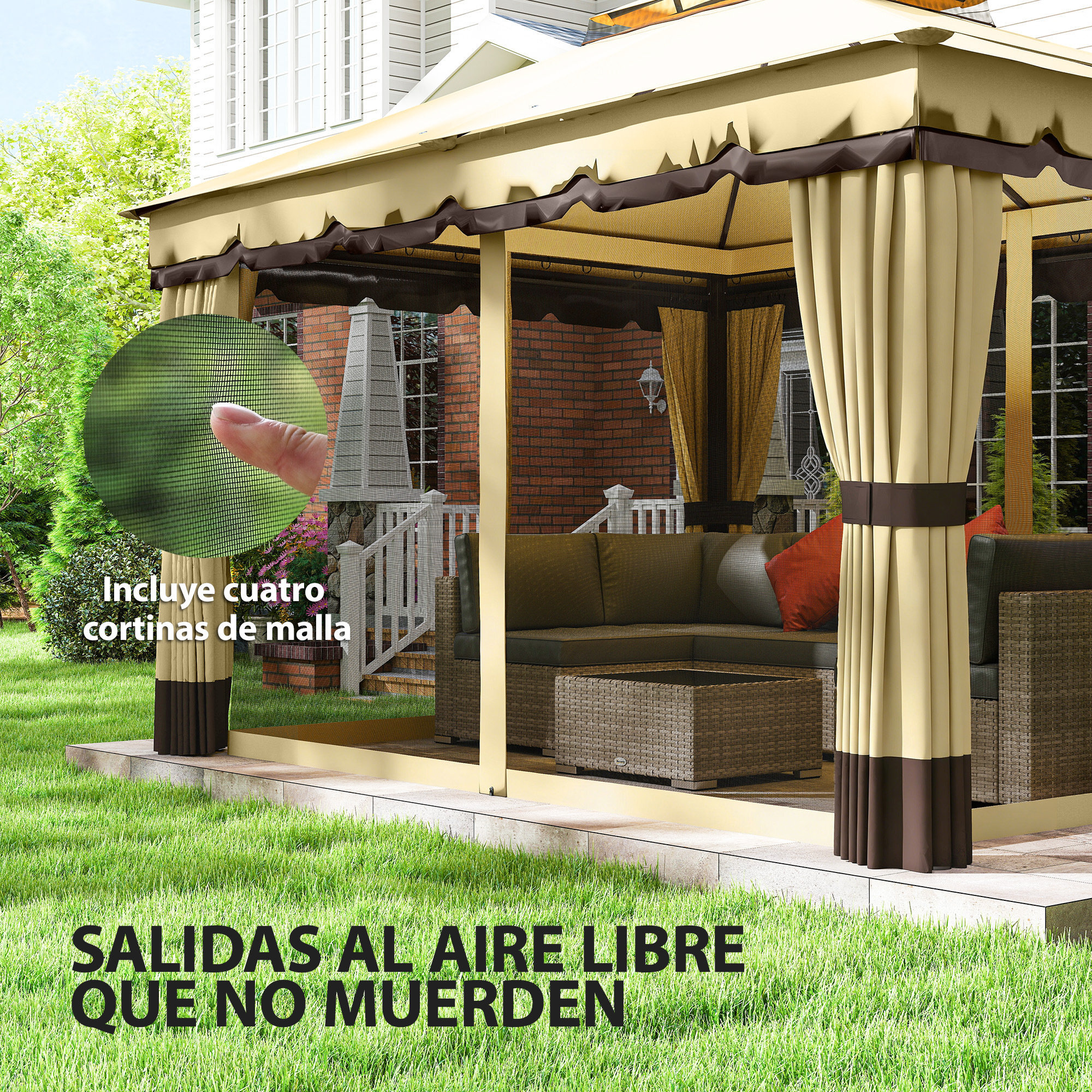 de Jardín 3,7x3 m, Pabellón de Jardín Gazebo con Doble Techo, 4 Cortinas y Mosquitera, Marco de Acero, Orificios de Drenaje, UV30+, para Exterior, Terraza, Patio, Beige