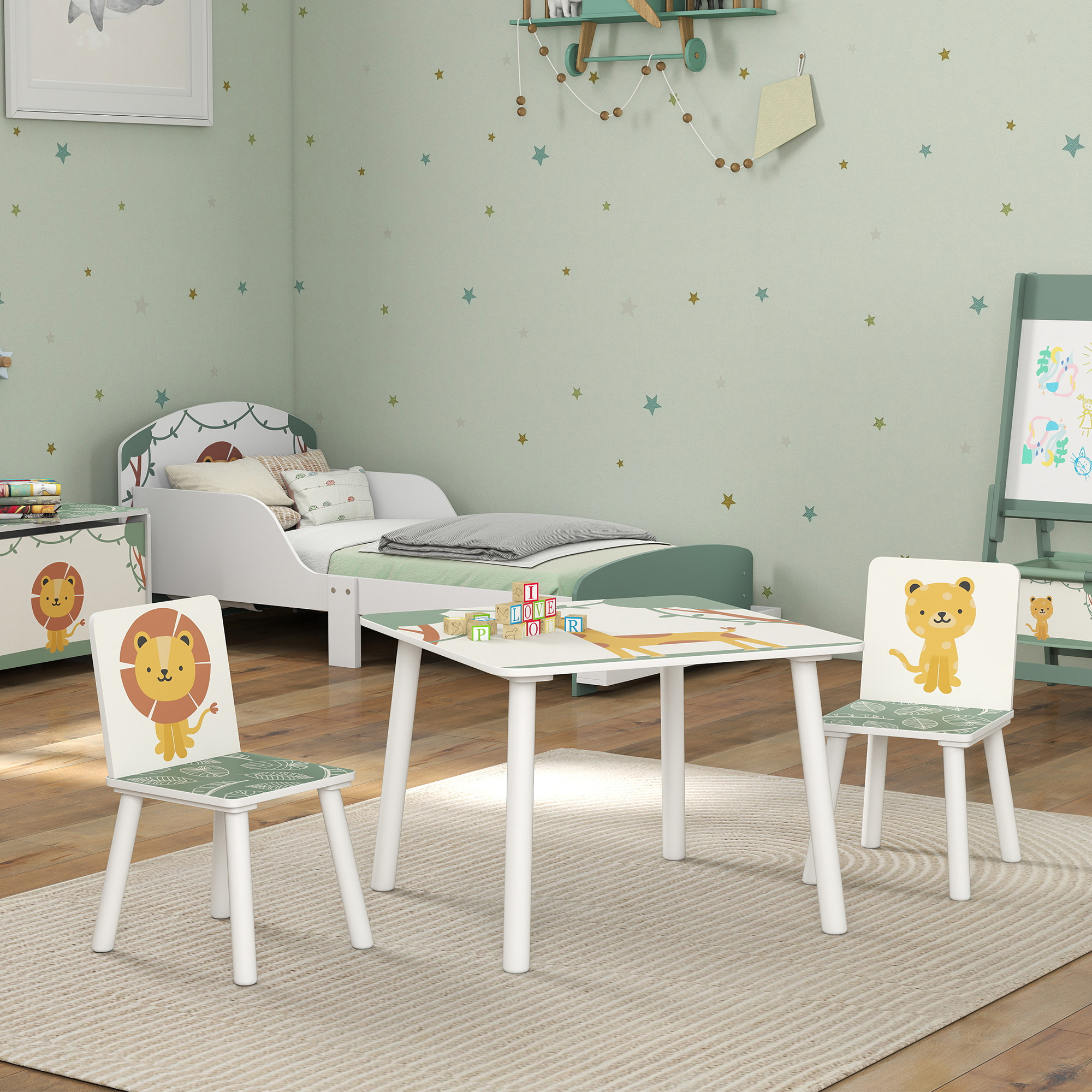 Ensemble table et chaises enfant design savane animaux bois pin MDF blanc vert