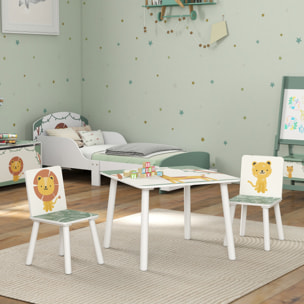 Ensemble table et chaises enfant design savane animaux bois pin MDF blanc vert