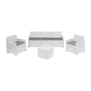 Set salotto da esterno Dbellucc, Set da giardino con 2 poltrone, 1 divano e 1 tavolino contenitore, Effetto rattan con cuscini, 100% Made in Italy, Bianco