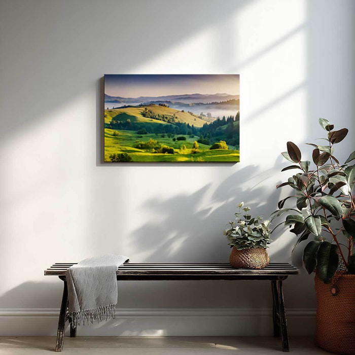 Tableau paysage vallonné en lumière dorée Toile imprimée