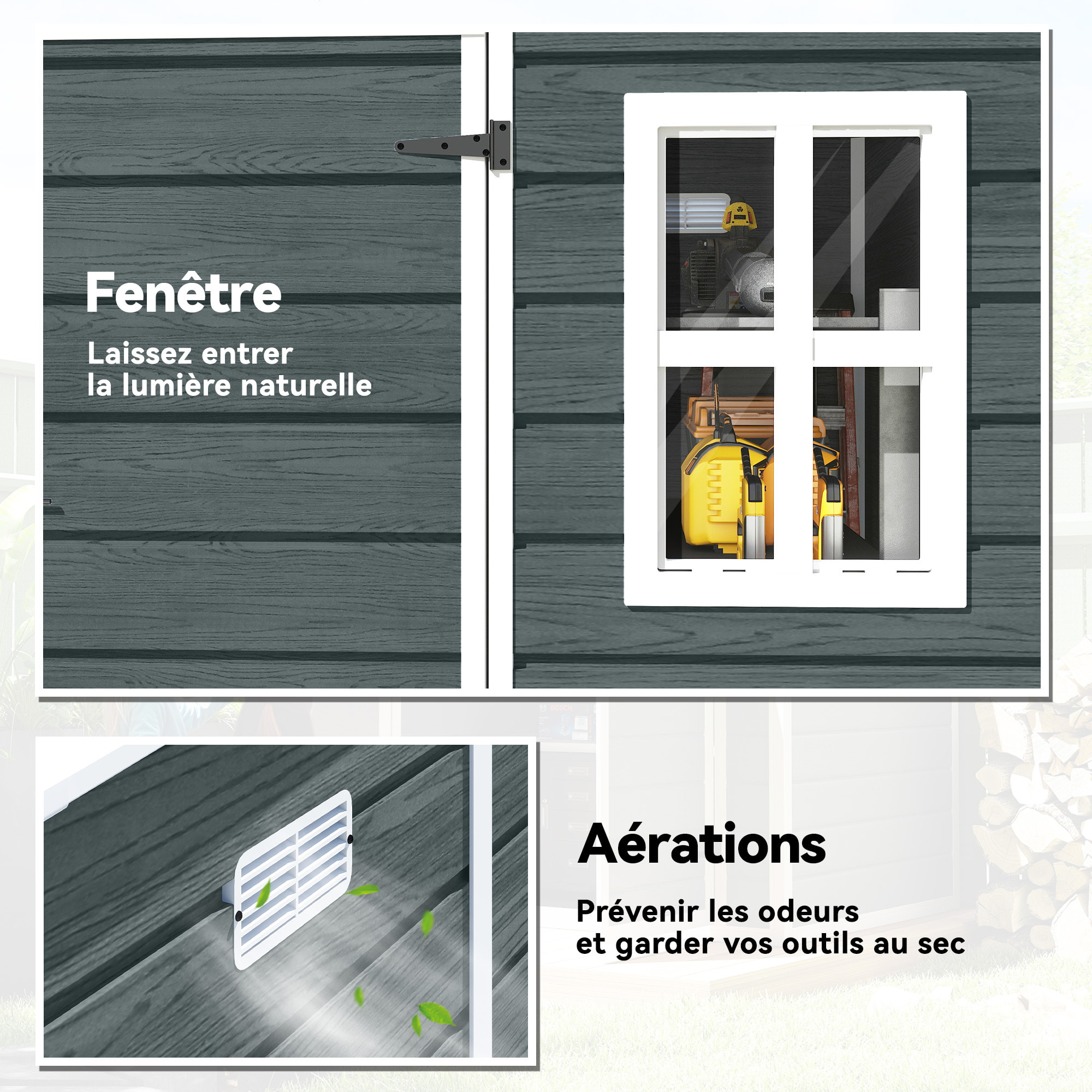 Abri de jardin 2,89 m² porte verrouillable plancher fenêtres aérations résine PP effet bois gris blanc