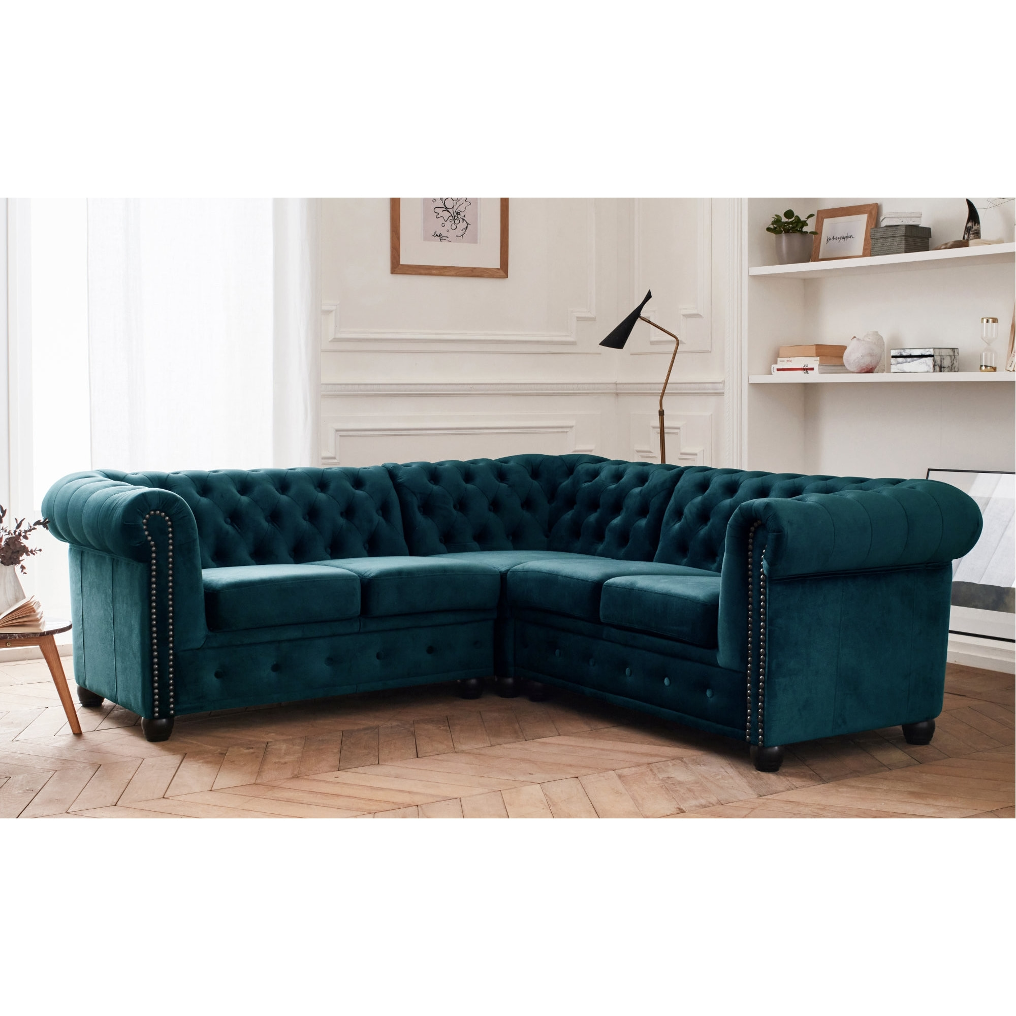 William - canapé Chesterfield d'angle réversible - 5 places - en velours - Bleu canard