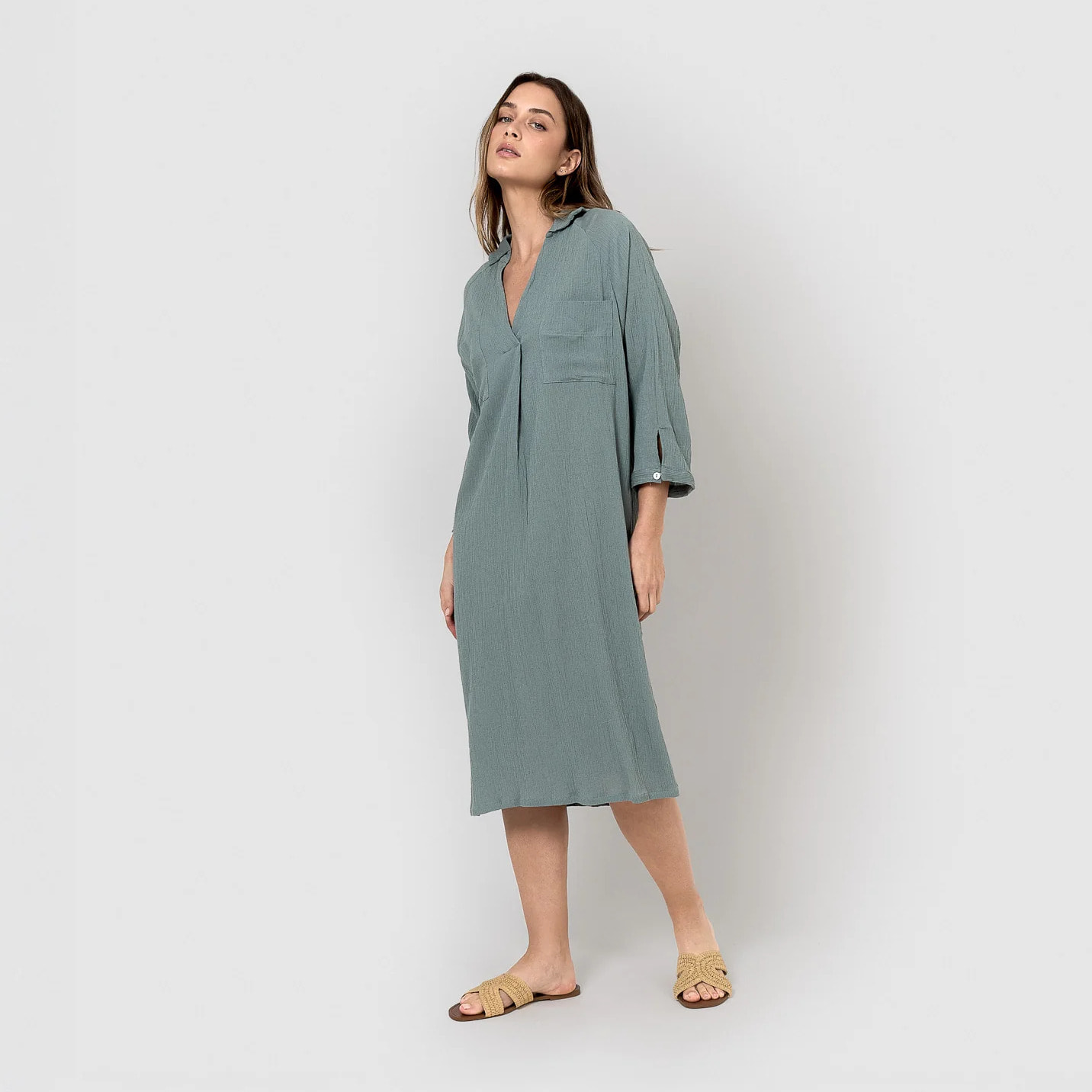 Vestido midi algodón lino verde azulado