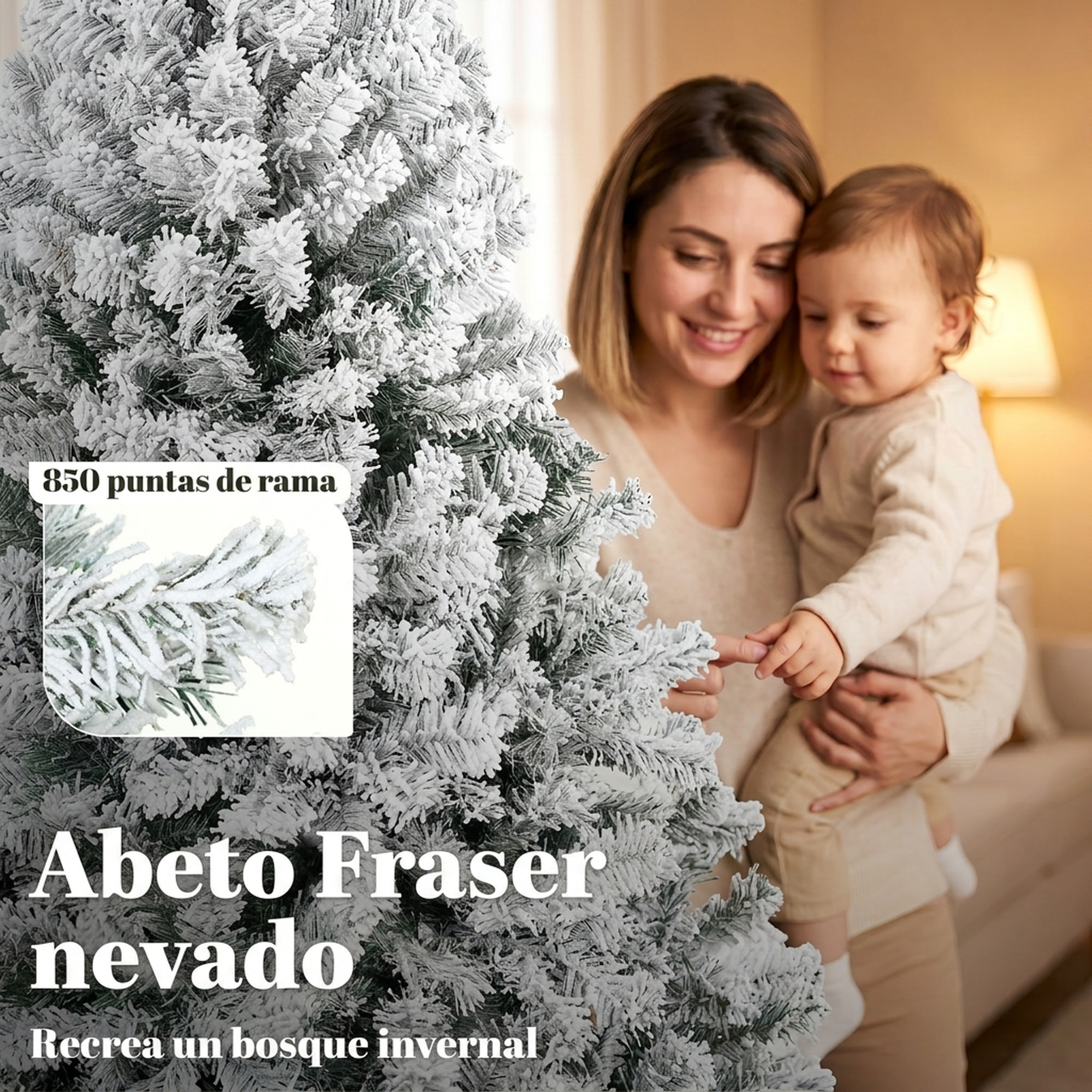 HOMCOM Árbol de Navidad con 240 Luces LED Blanco Cálido, 200 cm, Árbol de Navidad de Abeto Nevado, 850 Ramas Ignífugas Abatibles, Base Metálica Plegable, Verde y Blanco
