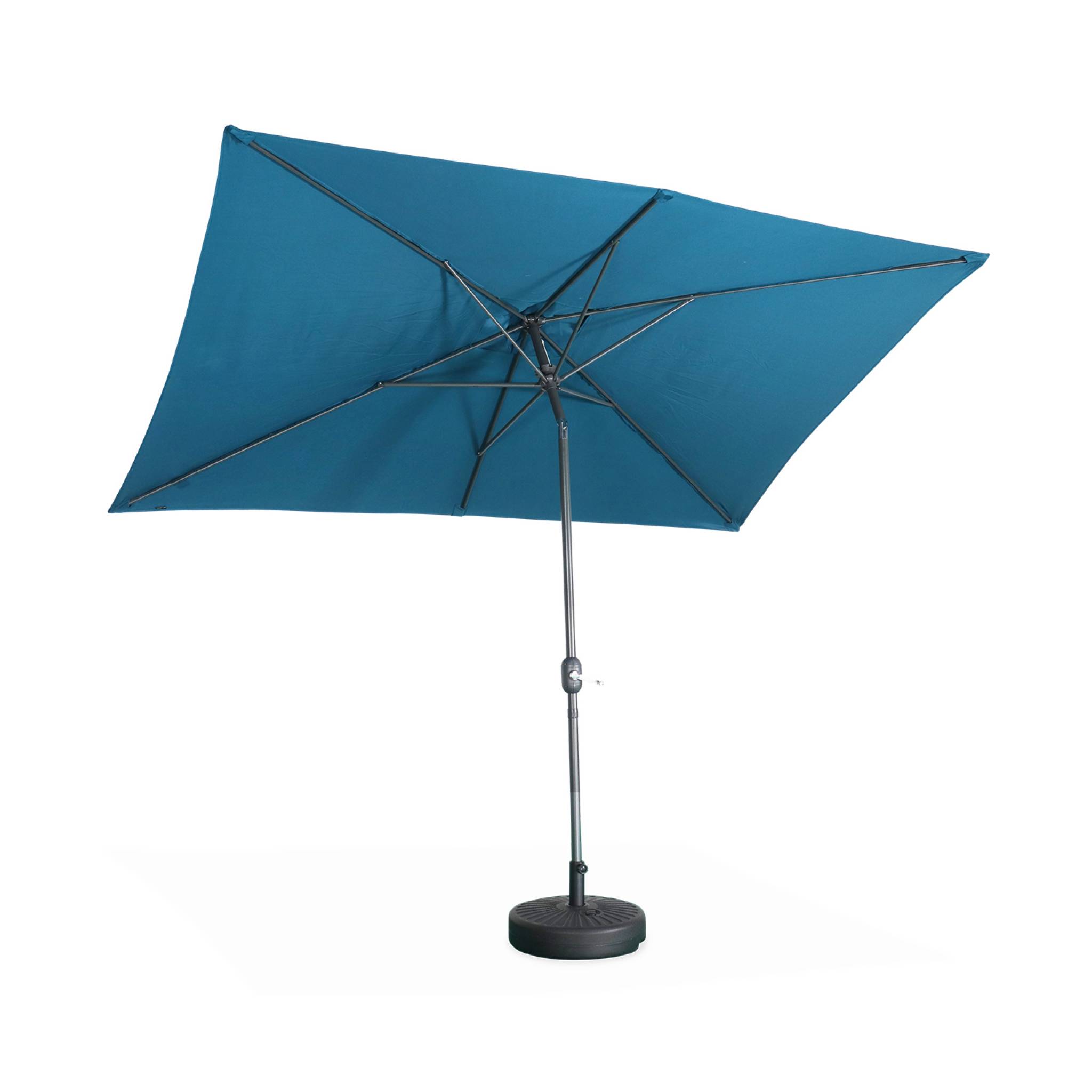 Parasol droit rectangulaire 2x3m - Touquet Bleu canard - mât central en aluminium orientable et manivelle d'ouverture