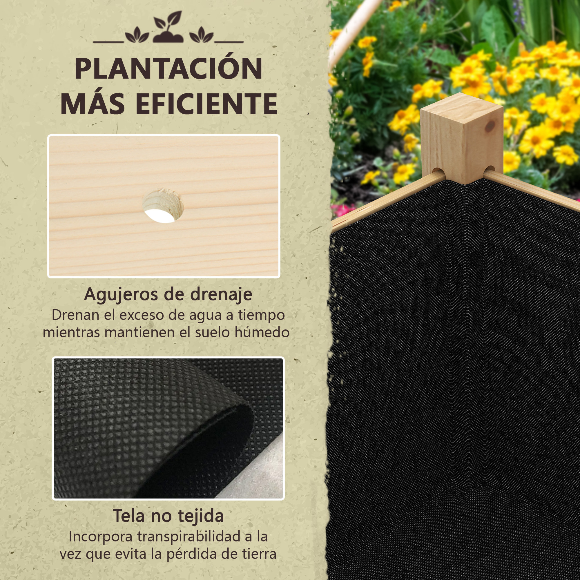 Mesa de Cultivo de Madera Huerto Urbano Elevado 115x55x80 cm Jardinera de Cultivo con Tela no Tejida para Cultivo Plantas Flores Verduras Natural