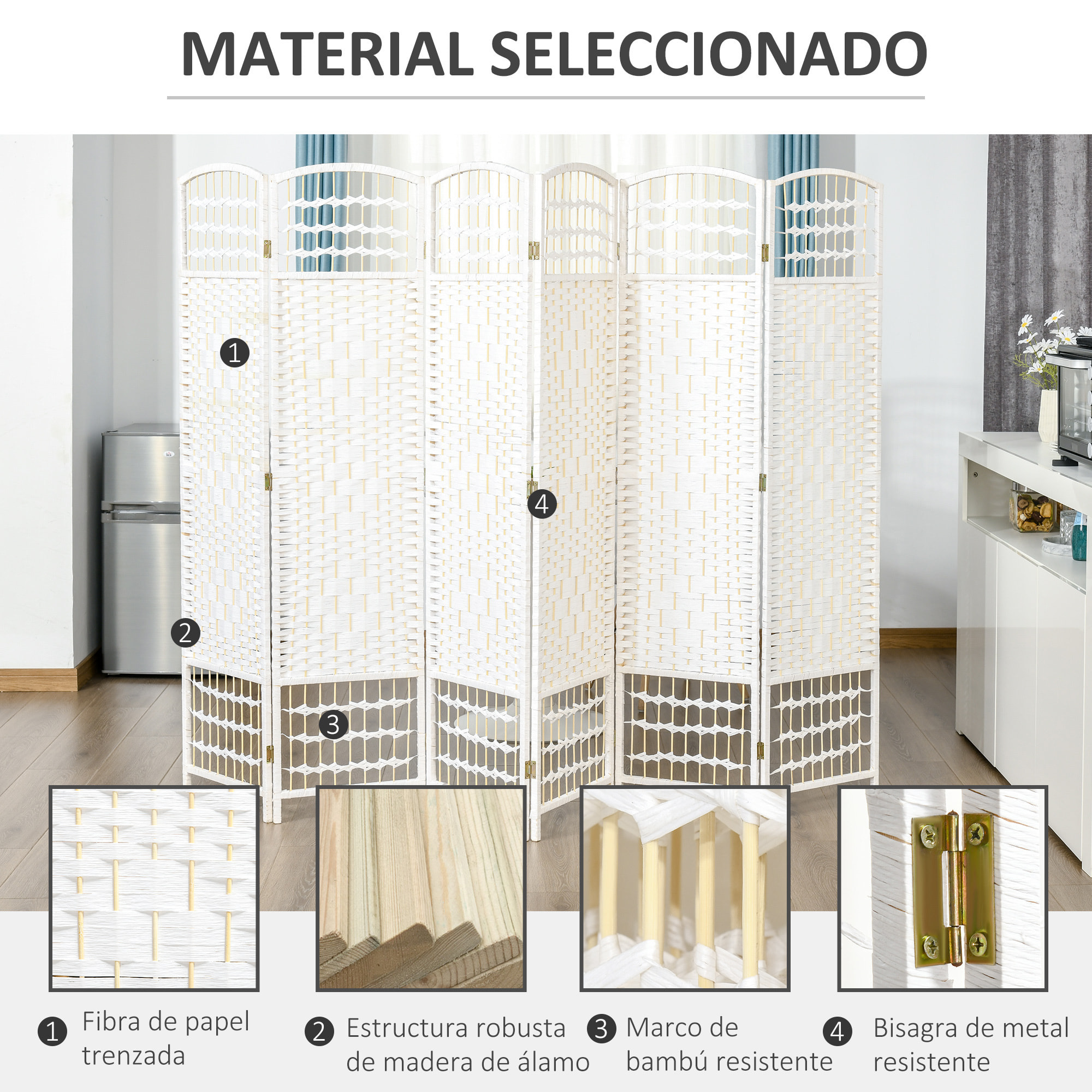 Biombo de 6 Paneles Separador de Ambientes Plegable 242x170 cm Divisor de Habitación de Fibra de Papel Decoración Elegante para Dormitorio Salón Blanco