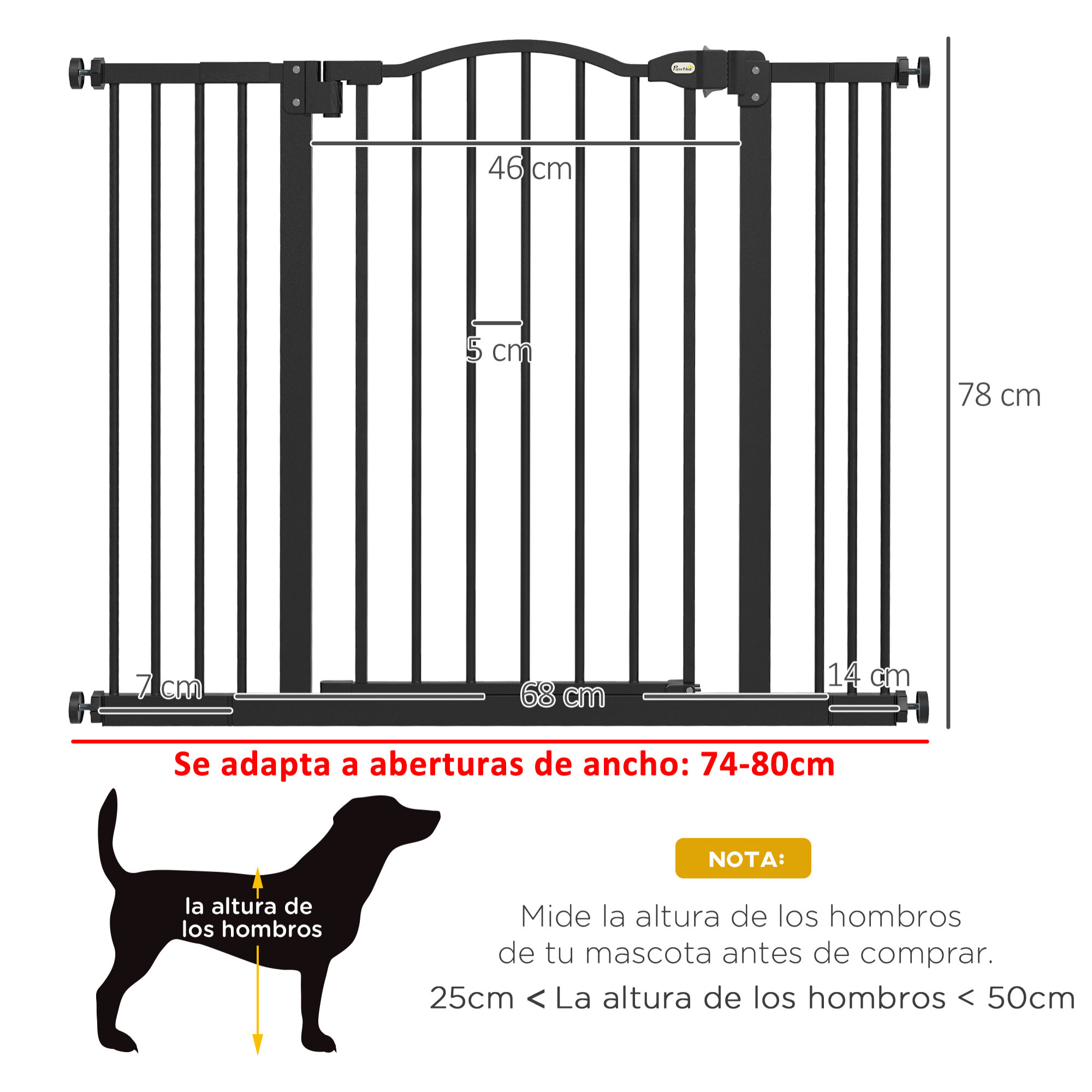 Barrera de Seguridad para Perros Extensible 74-100 cm, para Puertas y Escaleras, Barrera para Perros con 2 Extensiones 7/14 cm, Montaje a Presión y Doble Bloqueo, Negro