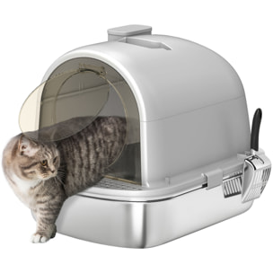 Arenero para Gatos de Acero Inoxidable con Cubierto Caja de Arena para Gatos Arenero con Bolsa Desodorizante Pala Fácil de Limpiar 52,4x41,3x39,9 cm Gris